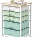 SYKIARIOL Utility Cart with 5 Drawers,Storage Cart with Wooden Tabletop and Lockable Wheels,Craft Storage Trolley Organizer,5-Tier Rolling Utility on Wheels,Light Green