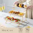 MALACASA 3 Tier Serving Trays for Party, 12 Inch Porcelain White Trays for Serving Food, Dessert Stand with Collapsible Gold Metal Rack