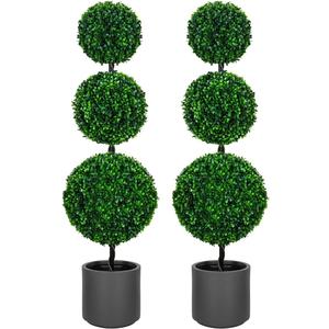 3FT Artificial Triple Ball Topiary Trees with Gray Planter Pot, Outdoor Indoor Realistic Faux Shrubs Plants, Fake Trees for Home Offices Porch Decor, Set of 2
