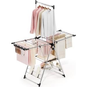 APEXCHASER Clothes Drying Rack with High Hanger, Foldable 3-Level Drying Racks with Shoe Rack, Crossbar and Vertical Rod Laundry Stand with Adjustable Wings Silver, Large