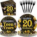 96Pcs Happy 20th Birthday Party Supplies Gold and Black Goodbye Teen Years Paper Plates and Napkins Cheers 20 Years Sets for 20 Year Old Teen Girls Graduation Theme Party Decoration Serves 24