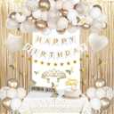 Birthday Decorations for Women, White Sand Beige Cream Neutral Gold Foil Balloons Table Cloth Sash Crown Curtains Happy Birthday Banner Golden Star Garland Butterfly Boho Party Supplies