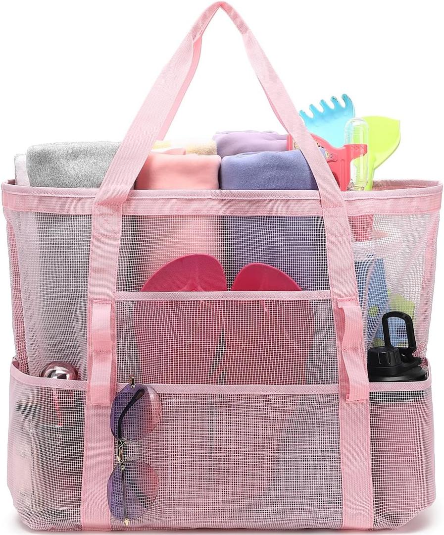 Fammart Mesh Beach Bag with Zipper, Large Beach Tote for Women, Toys Pool Swim Bag Travel Vacation Cruise Essentials