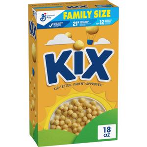 Kix Whole Grain Breakfast Cereal, Crispy Corn Cereal Puffs, Family Size, 18 oz (EXP 03/30/26)