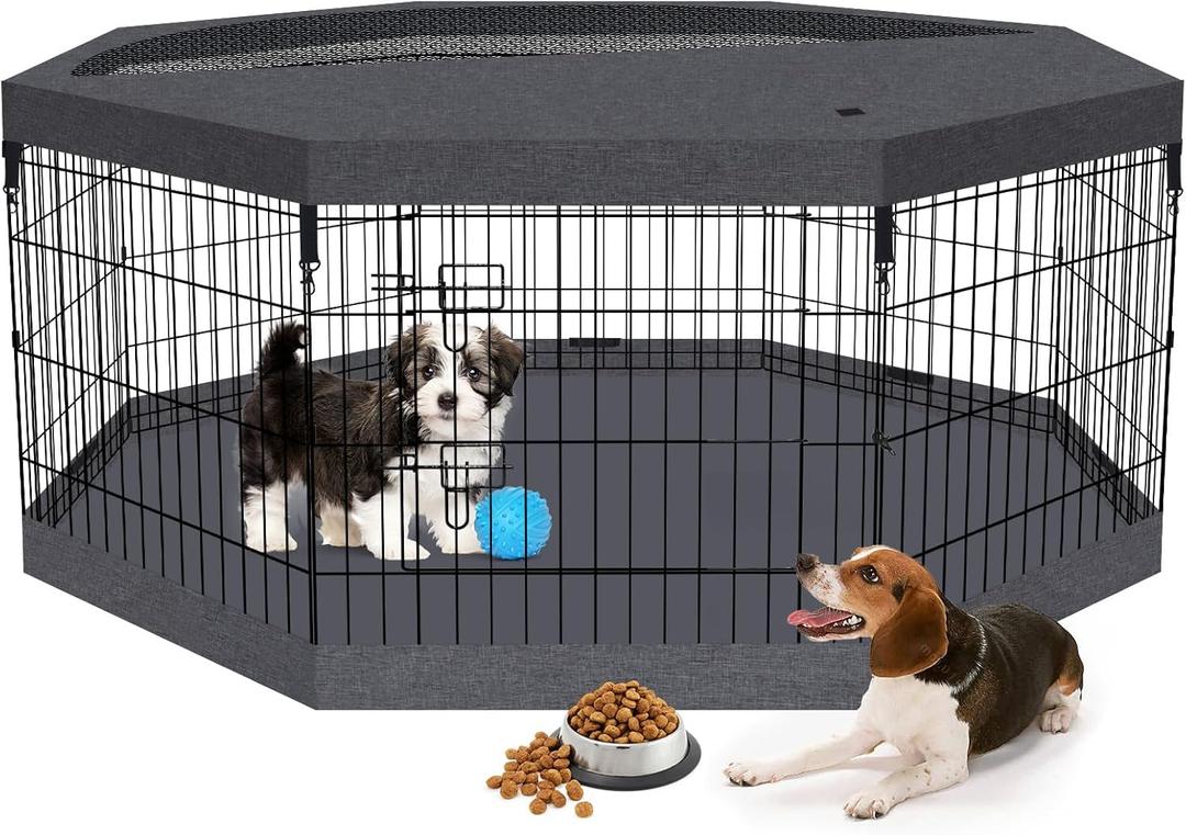 Foldable Metal Wire Dog Pen Pet Playpen Dog Fence Indoor Exercise Pen Enclosure Indoor Outdoor with Bottom Pad and Top Cover (Black 24 top Bottom Cover)