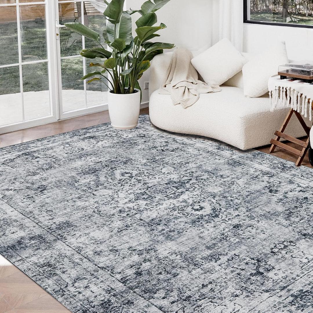 Joydeco 8x10 Area Rugs for Living Room, Non Slip Machine Washable Vintage Rug, Low Pile Chenille Print Rugs for Bedroom, Dining Room, Home Office, Pet & Child Friendly, Light Grey