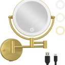 Make up Mirror Wall Mounted with Lights and 10X Magnification Rechargeable, 8" Double Sided, 3-Colors Touch Dimmable Extended Arm 360 Rotation Foldable Cosmetic Mirror, Brushed Gold