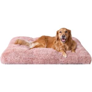 EHEYCIGA Fluffy Dog Crate Bed for Extra Large Dogs, Plush Faux Fur Crate Pad, Calming Anti Anxiety XL Dog Bed, Washable Soft Warm Crate Mat with Non-Slip Bottom, Pink (41.3 x 27.5)