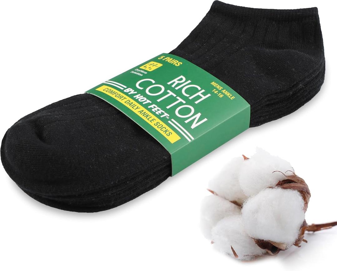 HOT FEET Men Thin Cotton No Show Summer Socks - 5 Pack Low Cut Moisture Wicking Lightweight Socks, Light Ankle Footie, One Size (Black)