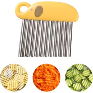 2 x Crinkle Cutter & French Fry Cutter  Effortless Stainless Steel Wavy Slicer, Ergonomic Handle Vegetable Chopper, Fun Waffle Fry Potato Cutter, Cute Elephant Shaped Fruit Veggie Cutting Tool