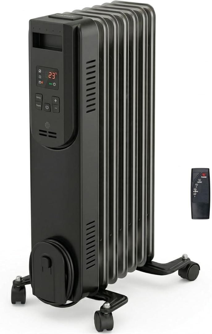 Comfort Zone 1500W Digital Oil-Filled Radiator Heater  Portable Electric Space Heater with Remote, 12H Timer & 360 Swivel Wheels  Silent Radiant Heat with Adjustable Thermostat  Black