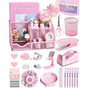 Pink Desk Accessories, 24Pcs Pink Office Supplies and Desk Organizers, with Tape Dispenser, Stapler, Staple Remover, Ect, Gift Box Packaging
