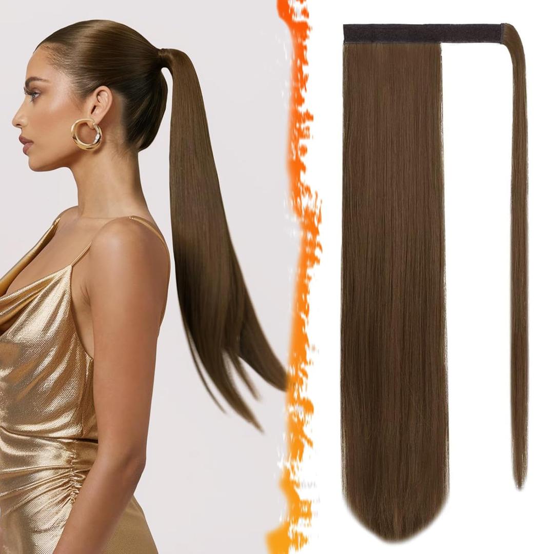 BARSDAR Medium Chesnut Brown Straight Wrap Ponytail Extension - 26 Inch Long Straight Wrap Around Ponytail Hair Extensions for Women, Synthetic Clip in Brown Pony Tails Hairpieces Daily
