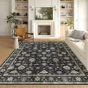 LUXRUG Washable Area Rug 8x10 - Large Charcoal Black Boho Rugs for Living Room Soft Vintage Bedroom Rug Ultra-Thin Traditional Floral Carpet Moody Farmhouse Rug for Dining Room Guest Room Home Decor
