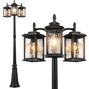 VIANIS Dusk to Dawn Lamp Posts Outdoor Lighting, Triple Head Street Light Pole Lamp for Outside, Waterproof Outdoor Post Light Fixtures Black with Tempered Ripple Glass for Garden Yard Patio Driveway