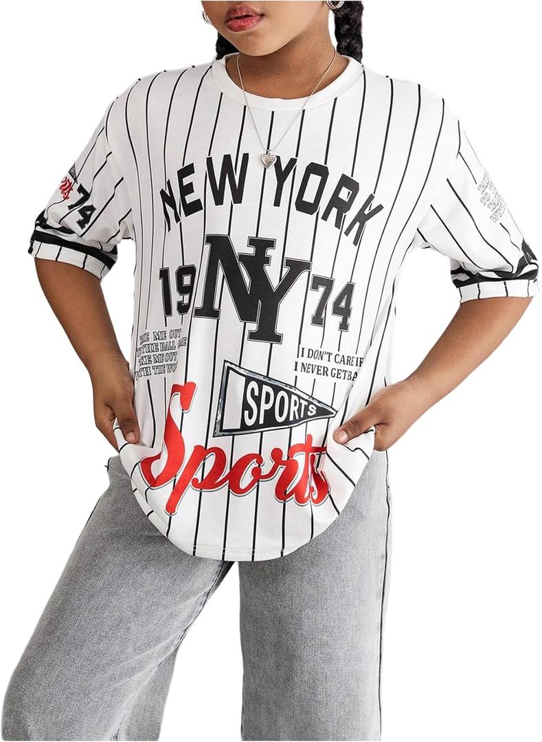 RoseSeek Girl's Jersey Shirts Letter Striped Graphic Tees Crewneck Y2K Tops Football Jersey Streetwear (White)