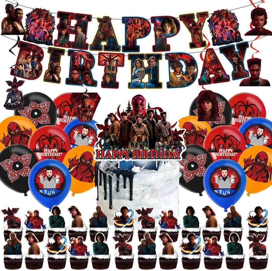 2 x 48Pcs S.tr.anger Birthday Party Supplies, Decorations Set Includes Banner, Balloons, Hanging Swirls, Cake Cupcake Toppers, Tablecloth for Boys Girls S.tra.nger Theme