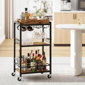 TUTOTAK Bar Cart with Removable Tray, Home Bar Serving Cart, Drink Cart, Mobile Kitchen Shelf with Wine Rack and Glass Holder, Rolling Beverage Cart for Living Room, Kitchen, Brown BC01BB036, 13"D X 17"W X 34.4"H