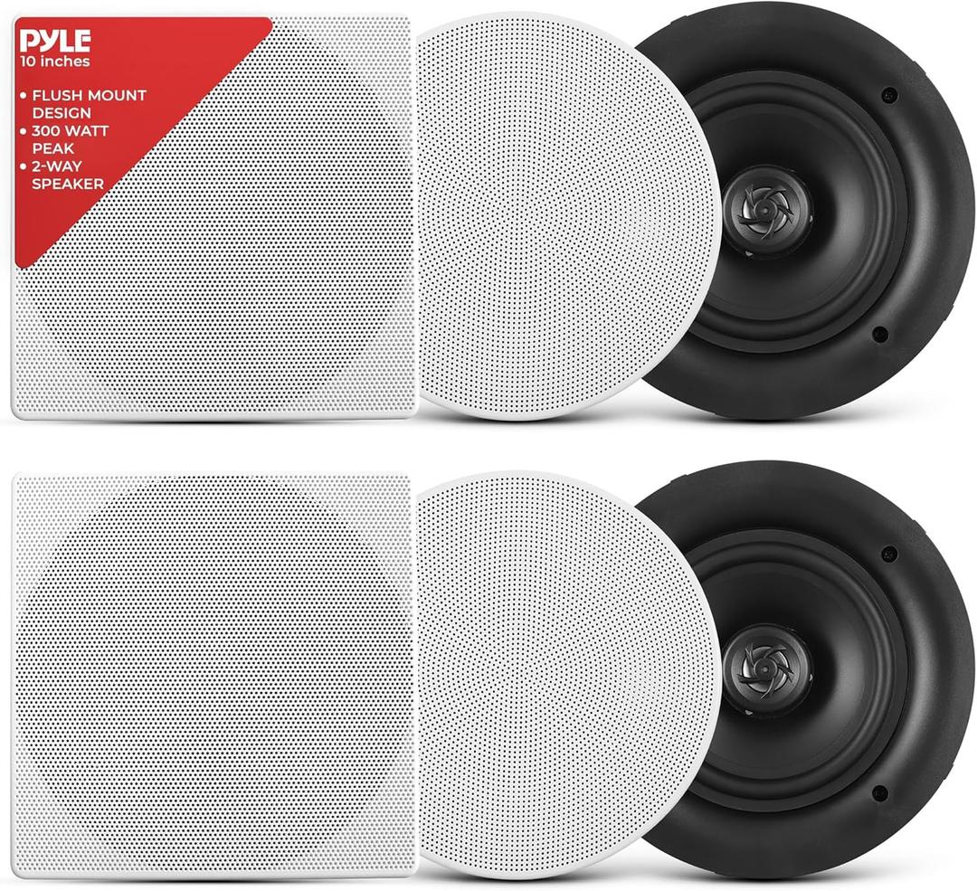 Pyle 10 Ceiling Wall Mount Speakers - Pair of 2-Way Full Range Sound Stereo Speaker Audio System Flush Design w/ Electronic Crossover Network 35Hz-20kHz Frequency Response & 300 Watts Peak PDIC106