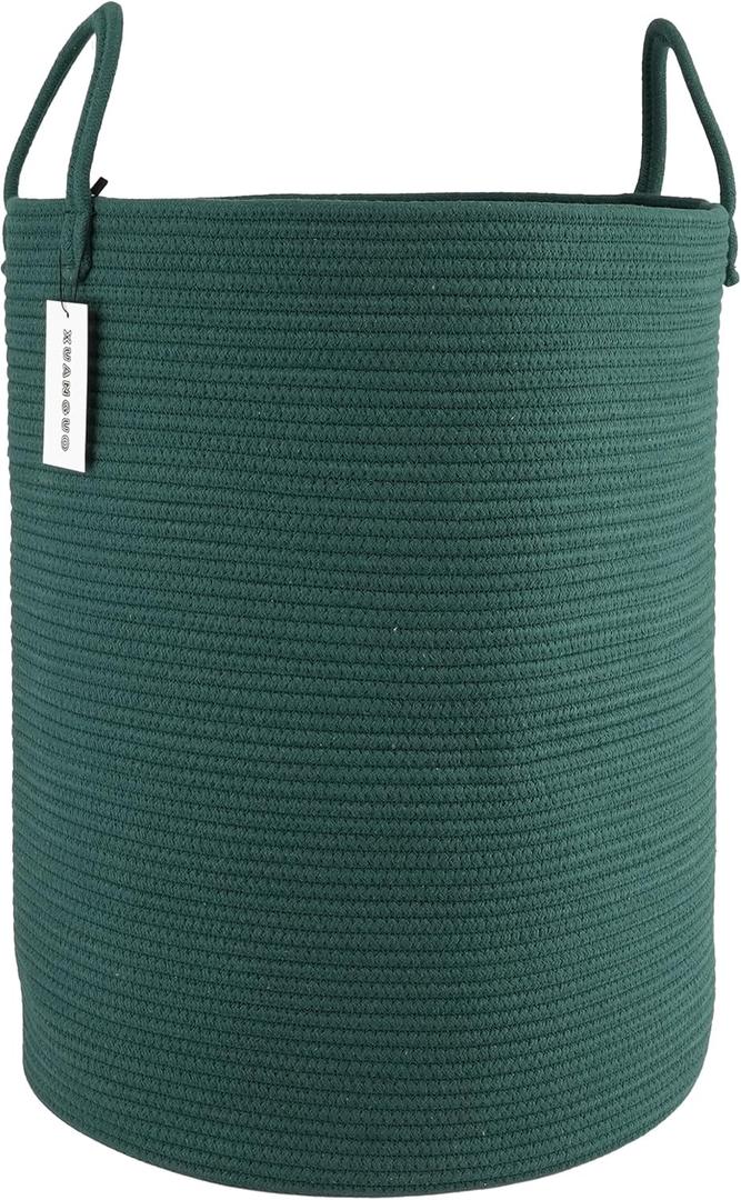 Cotton Rope Laundry Basket Hamper for Clothes Woven Storage Basket for Living Room Bedroom Boho Tall Rope Baskets for Blanket Toys Pillow Towels Baby Nursery Hamper Bin (Large, Dark Green)