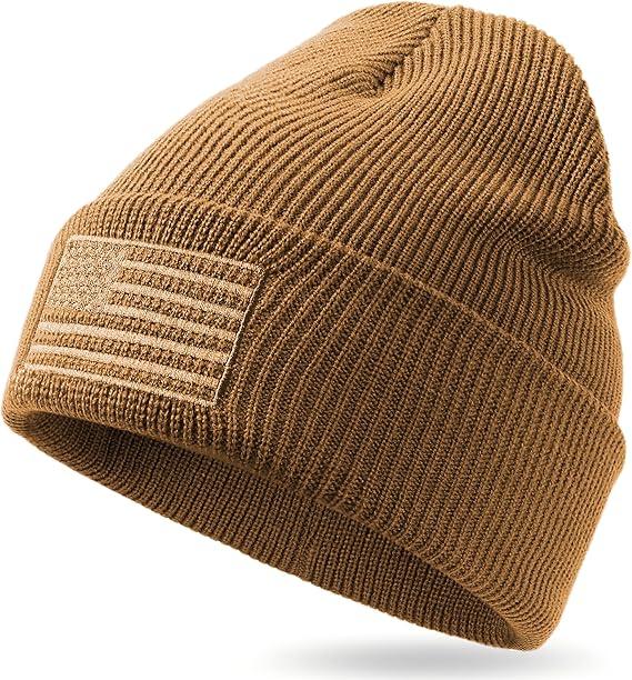 OUTDOOR SHAPING American Flag Embroidered Knit Cuffed Beanie for Men Women Tactical Winter Warm Hat