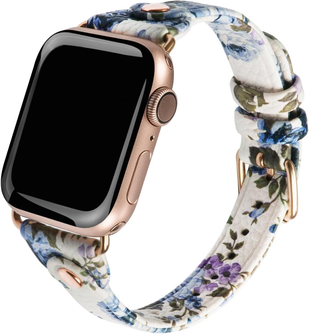 Printed Flower Pattern Leather Band Compatible with Apple Watch Bands 38 40 41 42 44 45 46 49mm for Women, Slim Replacement Strap for iWatch Ultra Series 10/9/8/7/6/5/4/3/2/1/SE
