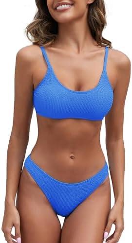 Fanuerg Women's Ribbed Bikini Sets Scoop Neck Cheeky Swimsuit Textured Two Piece Bathing Suit L Blue