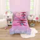 NoJo DreamWorks Trolls Show Up Glow Up Pink and Blue, Hearts and Stars 4 Piece Toddler Bed Set - Comforter, Fitted Bottom Sheet, Flat Top Sheet, and Reversible Pillowcase