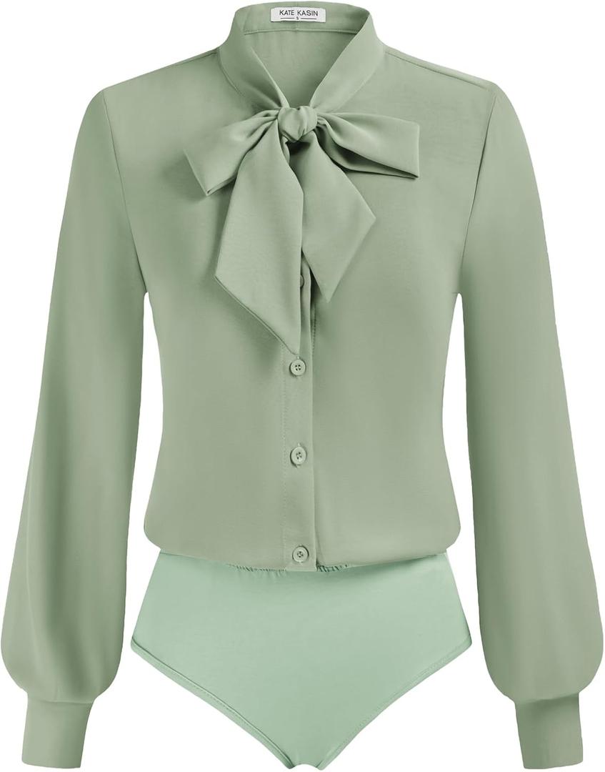 Kate Kasin Women Bow Tie Neck Office Blouse Button Down Long Sleeve Bodysuits Blouse Top (Large, Light Green)