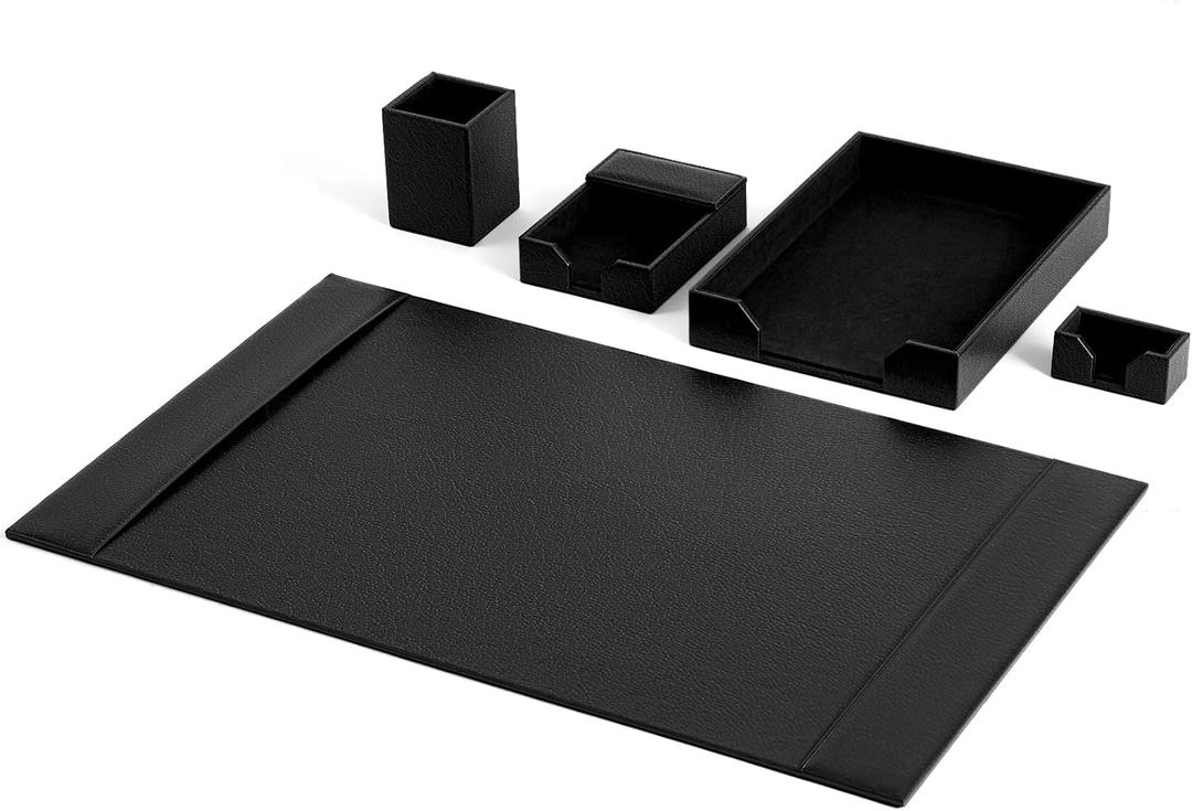 Leather Desk Pad Accessories Set - Blotter, Mat Protector, Organizer With Side Rails for Writing, Office, Home, Workplace Desktop Supplies (Black)
