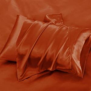 VACVELT 3-Piece Satin Fitted Sheet Set Queen Size, Orange Bottom Bed Sheet with 2 Pillowcases, Similar to Silk Sheets, Luxury & Silky Bedding Set, 15 Inch Deep Pocket