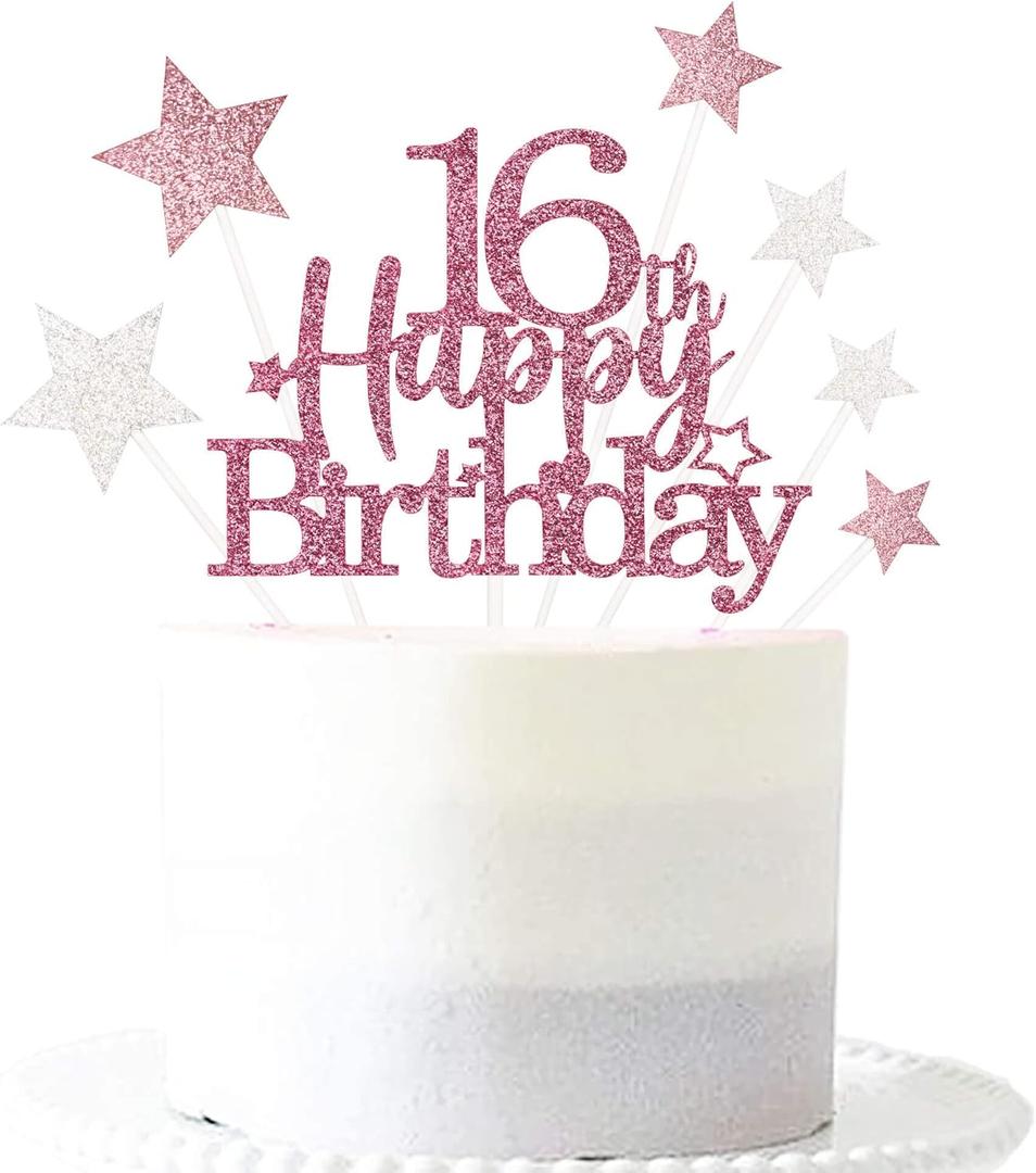 3 x Glittery 16th Happy Birthday Cake Topper with Star,Personalised 16 Birthday Cake Toppers Party Decorations Party Supplies for Boys Girls Rose Gold