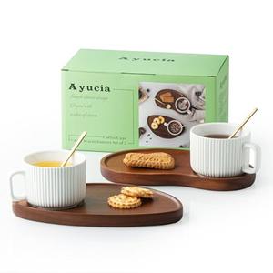 AYUCIA Tea Cups and Saucers Set of 2, 8OZ Cappuccino Cups with Acacia Serving Saucers and Spoons, White Cream Ceramic Coffee Mugs with 9.4inch Wooden Plates for Latte Dessert Breakfast