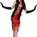 7 Pcs 1920s Women's Flapper Dress Sequin Dress Costume Headwear Earring Necklace Glove Stick Set and Long Feather Boa (XX-Large, Red)