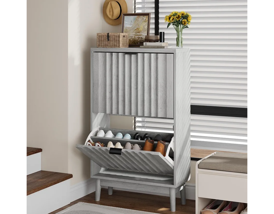 Shoe Storage Cabinet with 2 Flip Drawers, Gray Fluted Narrow for Entryway, Slim Shoe Rack Cabinet Organizer 23.5in