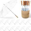 24 Pcs Wedding Umbrellas Bulk, 41 Inch Wedding Stick Umbrellas with Wooden Handle Large Canopy Windproof Rain for Bride Groom Bridal Shower Party Decor (Clear)