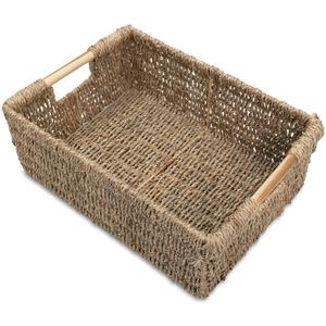Large Natural Wicker Basket Rectangular with Wooden Handles, Seagrass Storage for Organizing, Shelves 15.5 x 10.6 x 5.5 inches