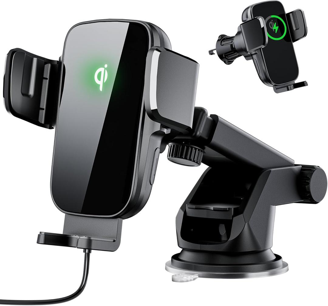 Car Phone Holder Charger, Qi 15W Fast Charging Wireless Car Charger Mount, Auto Clamping Dashboard Air Vent Windshield Accessories for iPhone 16 Pro Max/15/14/13, Samsung Galaxy S24 Ultra/S23