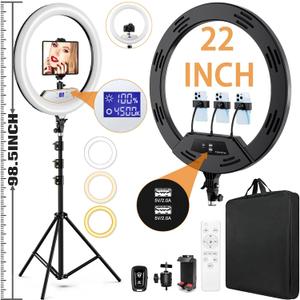 22"Ring Light with Stand,Ring Light Tripod for iPhone ipad,with 75"Tripod/LCD Display/4 ipad iPhone Clips/2 USB Ports,2600K-6500K Color Temperature,for Barber Makeup Tattoo TikTok Video Recording Vlog