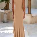 PRETTYGARDEN Wedding Guest Dresses for Women 2026 Summer Formal Gala Maxi Dress Ruffle Mermaid Cocktail Long Dresses (Beige, XL)
