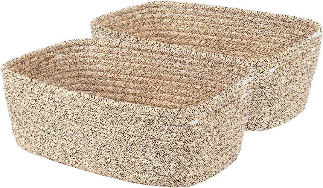 Small Woven Basket - 13" x 8.5" x 5.1" Cute Storage Bins, Handwoven Multi-Purpose Storage Solution Decorative Organizer Baskets for Home, Office, Laundry, and Bathroom, 2 Pack, Brown