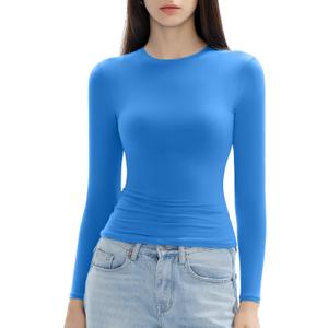 Women's Long Sleeve Shirts Crew Neck Slim Fit Going Out Tops Basic Tees Barely There Collection (Blue, M)