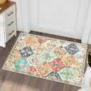Washable Area Rug Moroccan Trellis Entryway Rug Doormat Stain Resistant Non-Slip Accent Rug Vintage Medallion Distressed Floor Carpet for Front Entrance Kitchen Bathroom, Cream, 2' x 3'