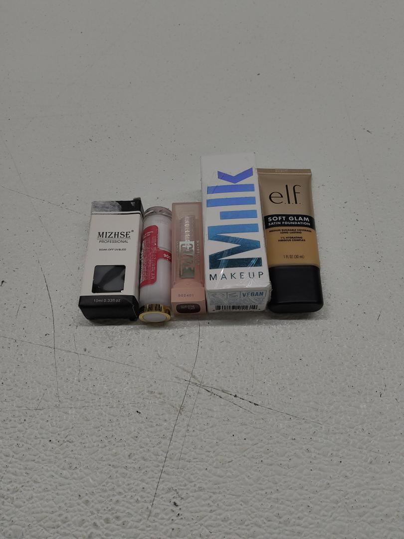 REVLON Super Lustrous Glass Shine Balm; MIZHSE Diamond Gel Nail Polish; e.l.f. Soft Glam Foundation; Milk Makeup Hydro Grip Set + Refresh Spray with Hyaluronic Acid; Maybelline Lifter Glaze Oil Balm with Hyaluronic Acid and Hydrating Oil Blend
