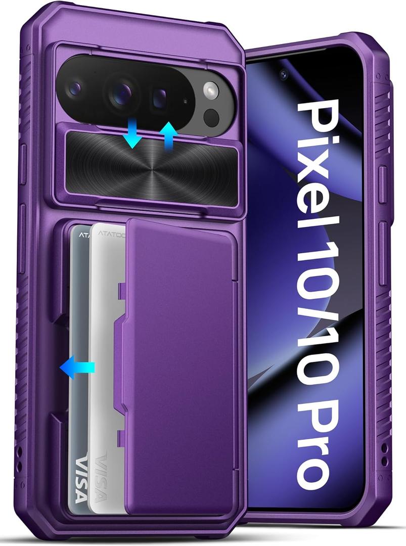 ATATOO for Google Pixel 10/Pixel 10 Pro Case, Built-in Card Holder & Slide Camera Cover & RFID Blocking, Military Grade Protection, Wallet Case for Pixel 10/10 Pro 6.3" 2025, Dark Purple