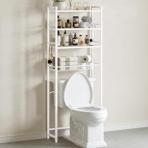 Over The Toilet Storage Rack, Bathroom Organizer with 3 Shelves & Basket, Space Saver Over Toilet Shelf with Adjustable Hooks, White, 24.8 inches x 9.84 inches x 68.11 inches