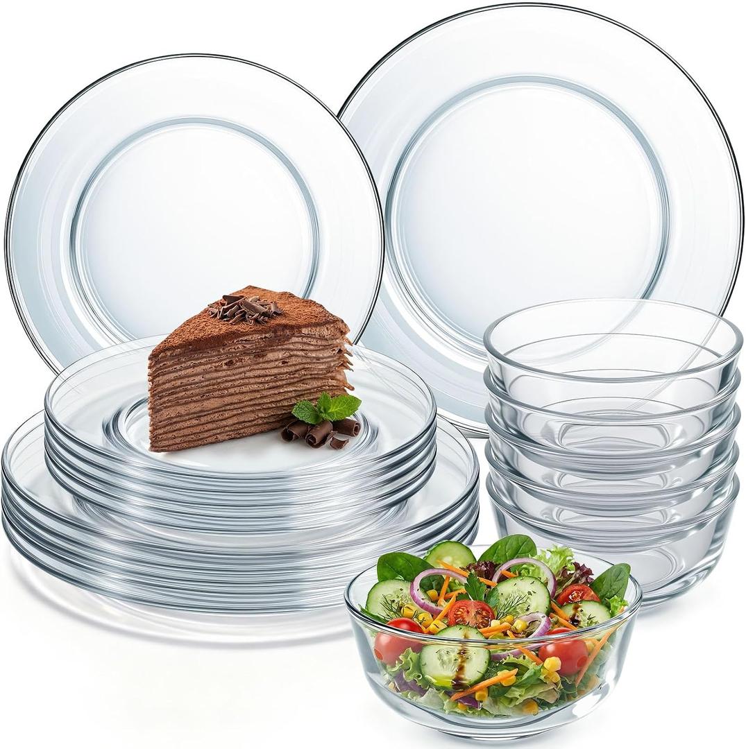 Havawish 18 Pcs Glass Dinnerware Set Sleek Round Clear Glass Plate and Bowl Sets for Dessert, Salad, Fruit, Dishwasher, Microwave Safe Kitchen Dining