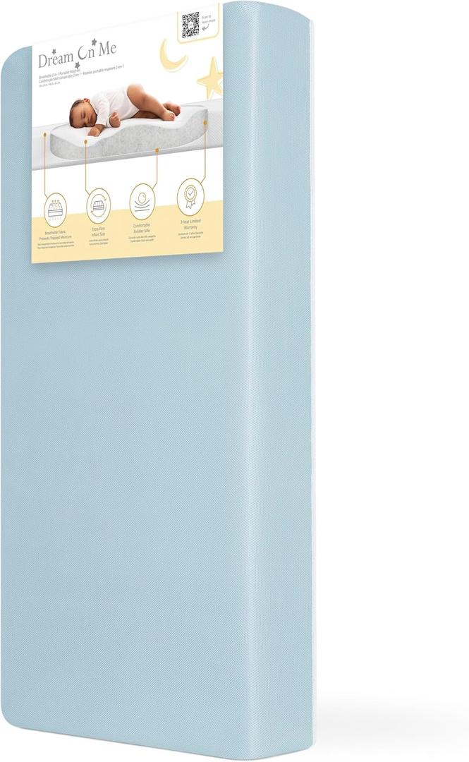 Dream On Me Snuggles Extra Firm Dual-Sided Baby Crib Mattress with Breathable Fabric, Water & Odor Resistant, GREENGUARD Gold Certified, Fits Mini & Portable Cribs (38x 24x 3) - Blue Mist
