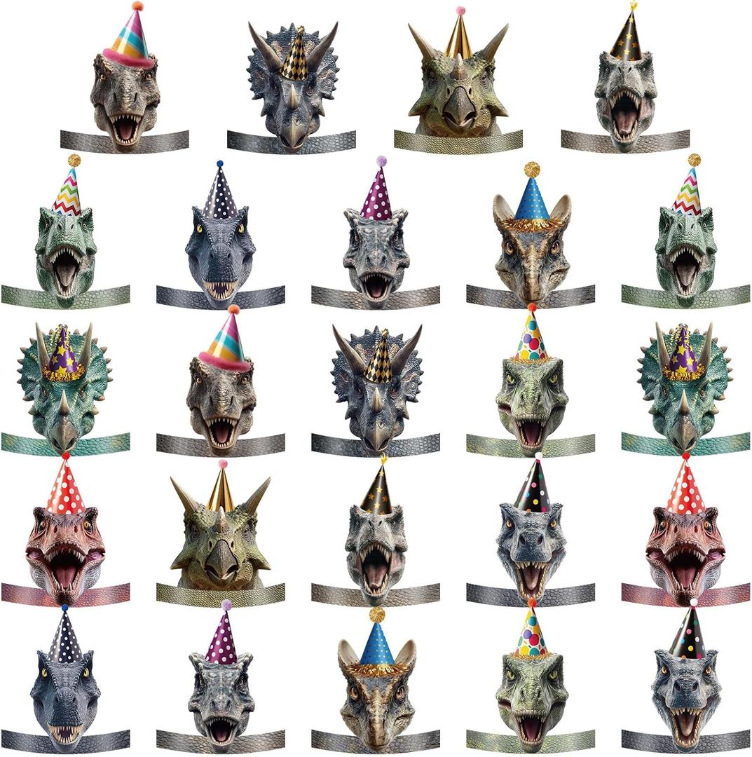 Sosation 24 Pack Dinosaur Party Hats Dino Birthday Hats Paper Realistic Dinosaur Headbands Crown Party Favors for Dino Jungle Animal Decorations Cosplay Photo Booth Props