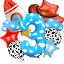Toy Themed Decorations, 9pcs Cow Print Sky Blue Cloud Balloons with Rocket Balloon and Cowboy Hat Balloon for Kids Inspired Story 3rd Birthday Party Decorations (3rd)